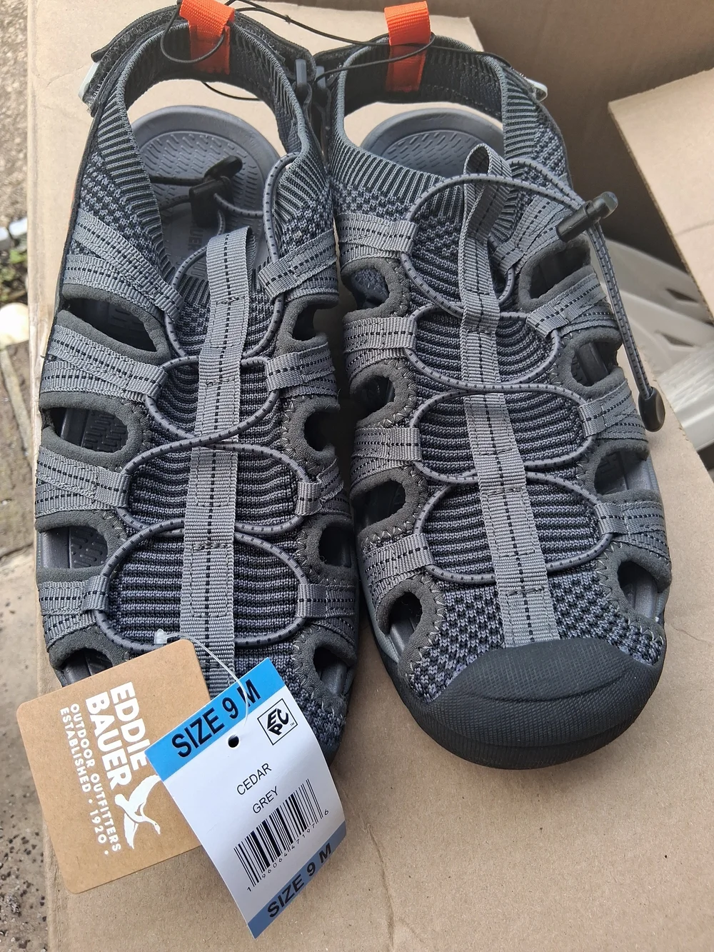 Eddie Bauer Men's Dark Gray Sandals with Orange Logo